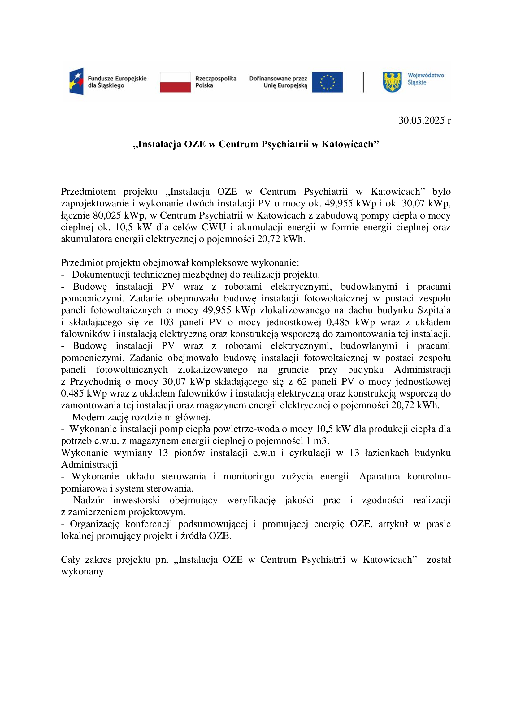 Informacja zakoczenie projektu na fb i strone